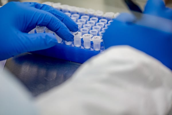 A scientist labels test tubes in a laboratory, such as a contract research organization