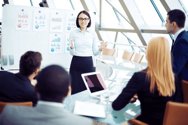 business pitch presentation in front of board investors stock photo